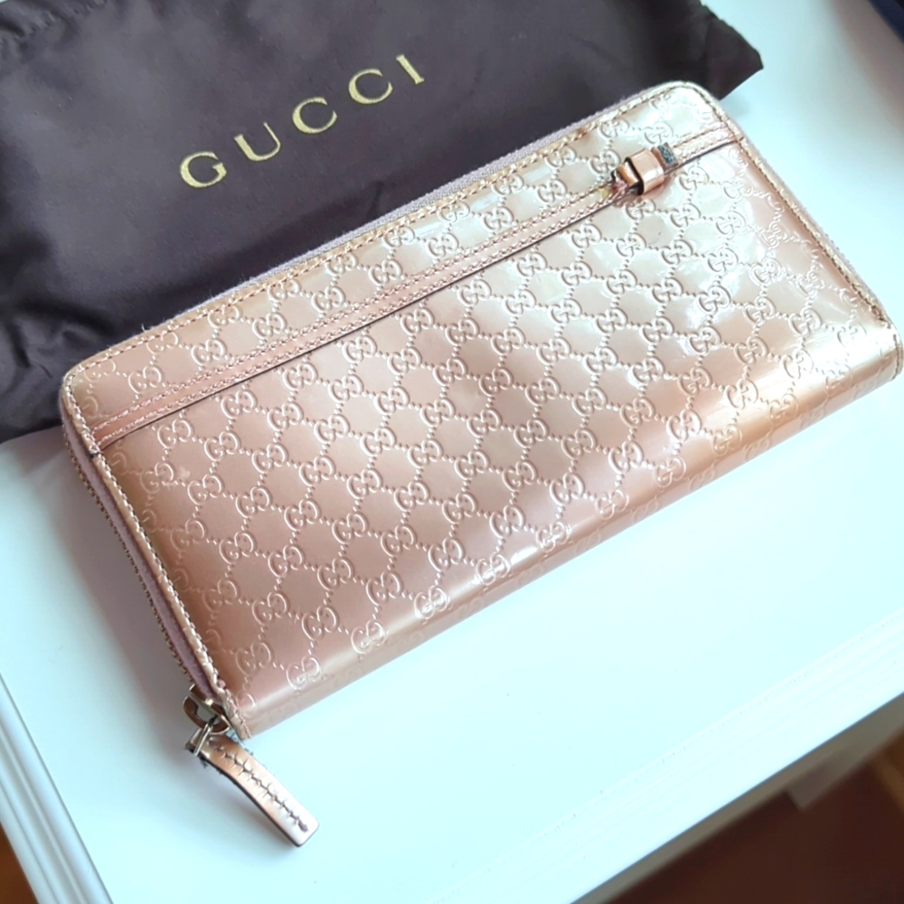 Authentic Gucci Zip Purse Micro Shima Wallet GG Pink Patent Leather Italy - Picture 10 of 13